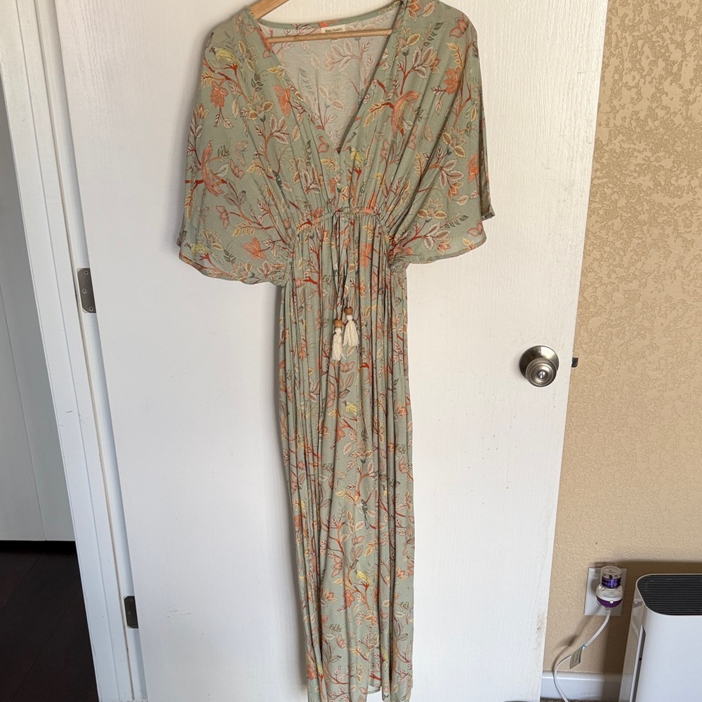 Cost Plus World Market Sage Green Floral Maxi Dress with Orange Accents